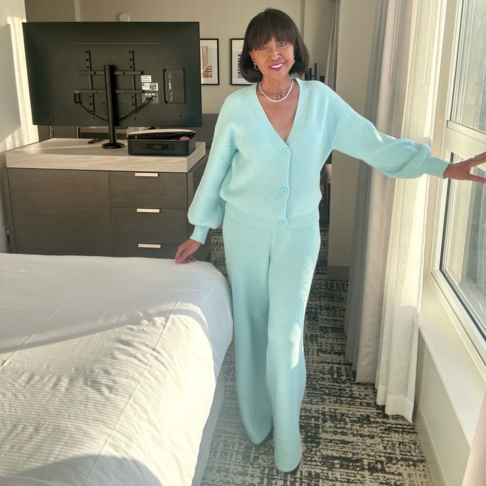 Light Blue Knit Wide-Leg Pants & Cardigan Set